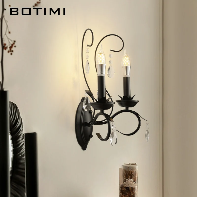 

BOTIMI Black Metal Wall Lamp For Bedroom 2 Arms Crystal Bedside Wall Sconce LED Home Decorative Living Room TV Background Lamp