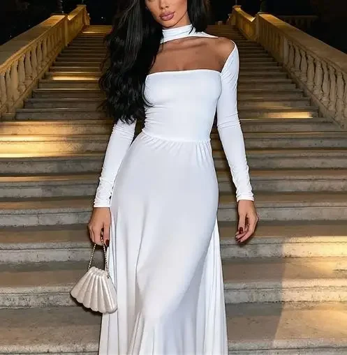 

New Women's Fashion Strapless Long Sleeve Waist Cinched Sexy Slim Dress 2026 Spring Female High Waist Elegant Party Dresses