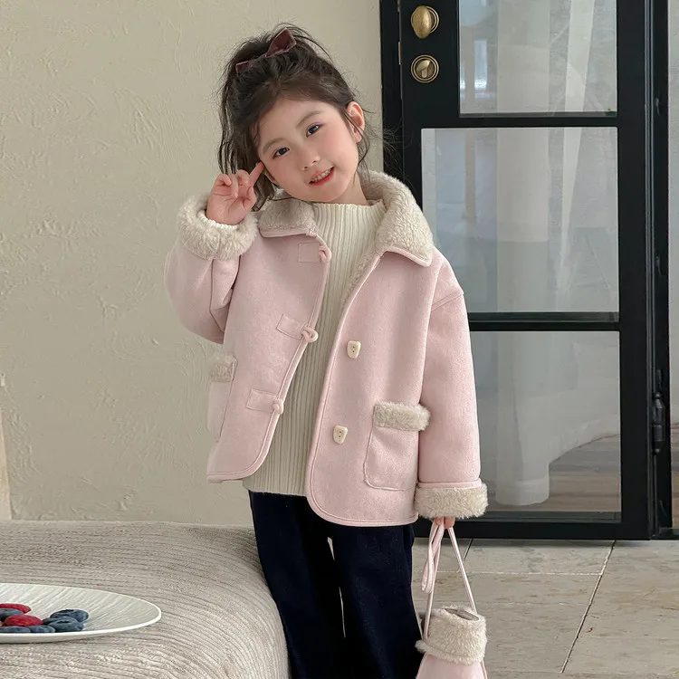 

Girls' Sweet Pink Wool Blend Coat Warm Winter Jacket, Stylish Turn - Down Collar Outerwear for Kids， Cute Autumn/Winter Clothing