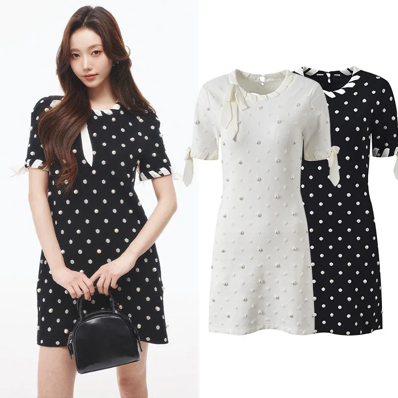 

Ретро в горошек с жемчугом, украшенный узлом ort Sve round Ne Knitted Dr, весна 2023, новинка лета Faion, женская одежда...