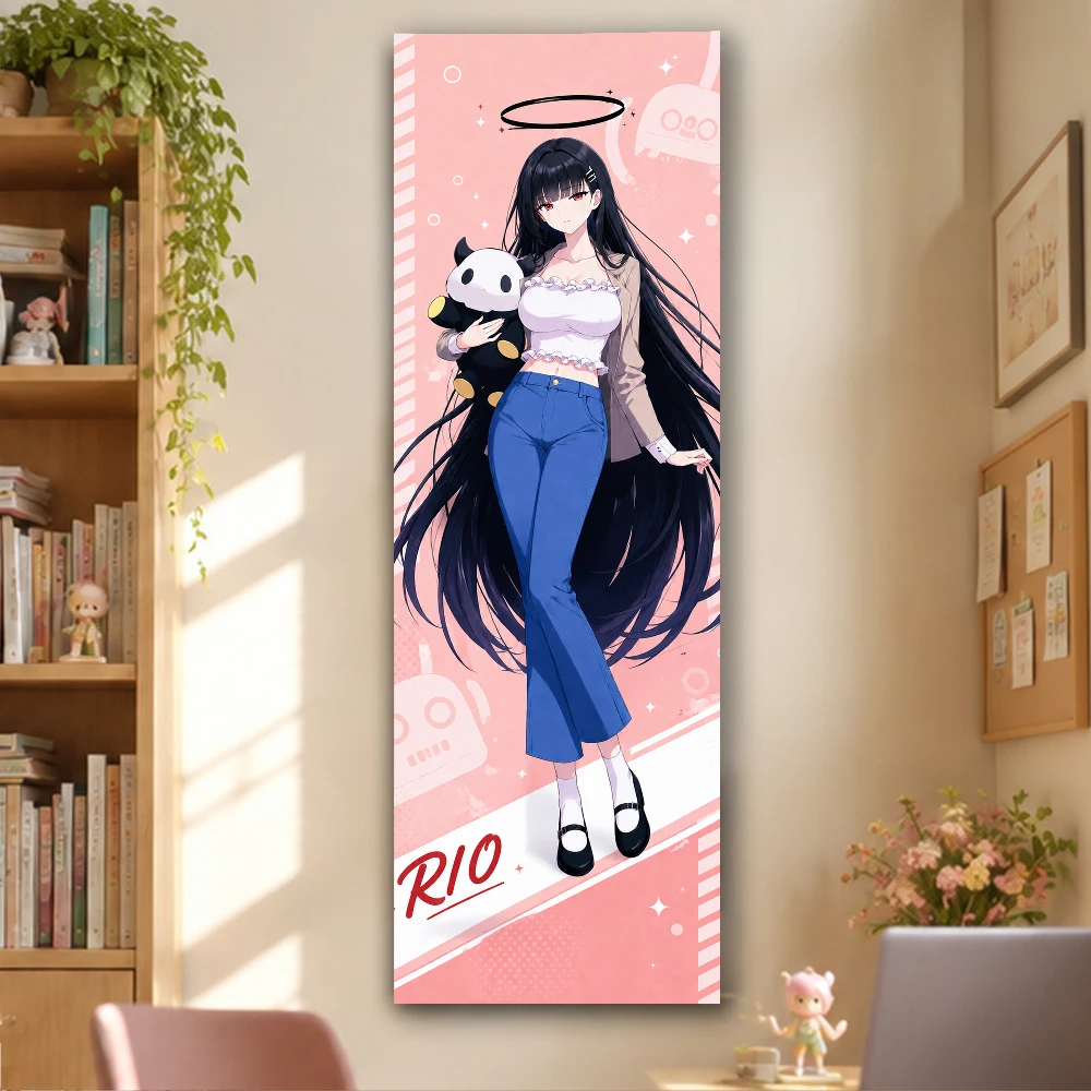 Long Black Hair Angel Girl Hold Panda Doll Pink Vertical Long Tapestry Kawaii Anime Wall Hanging