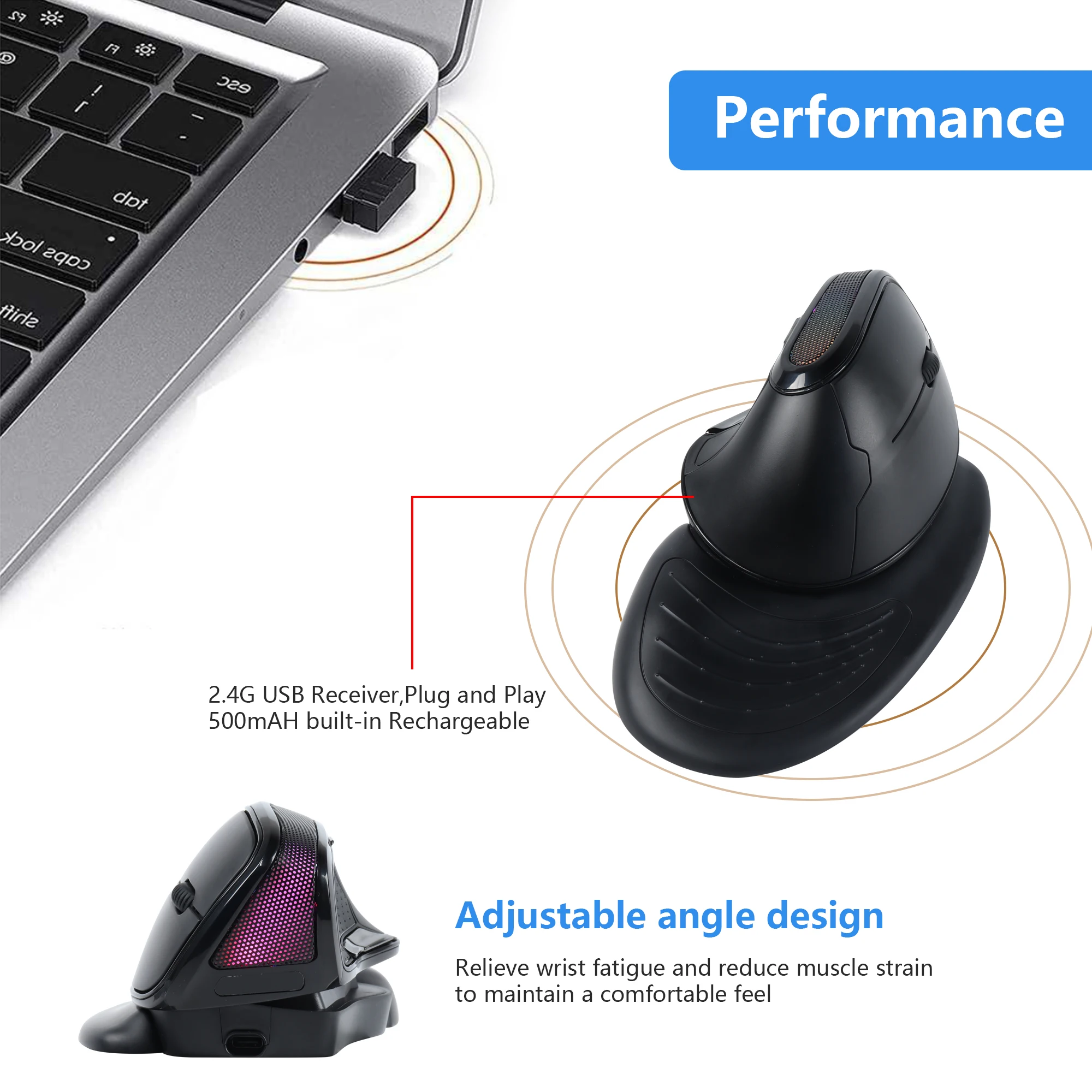 Rechargeable Vertical 2.4G Mouse RGB Backlight 3600 DPI Adjustable Tilt Angle Magnetic Hand Support Ergonomics Design Office Use