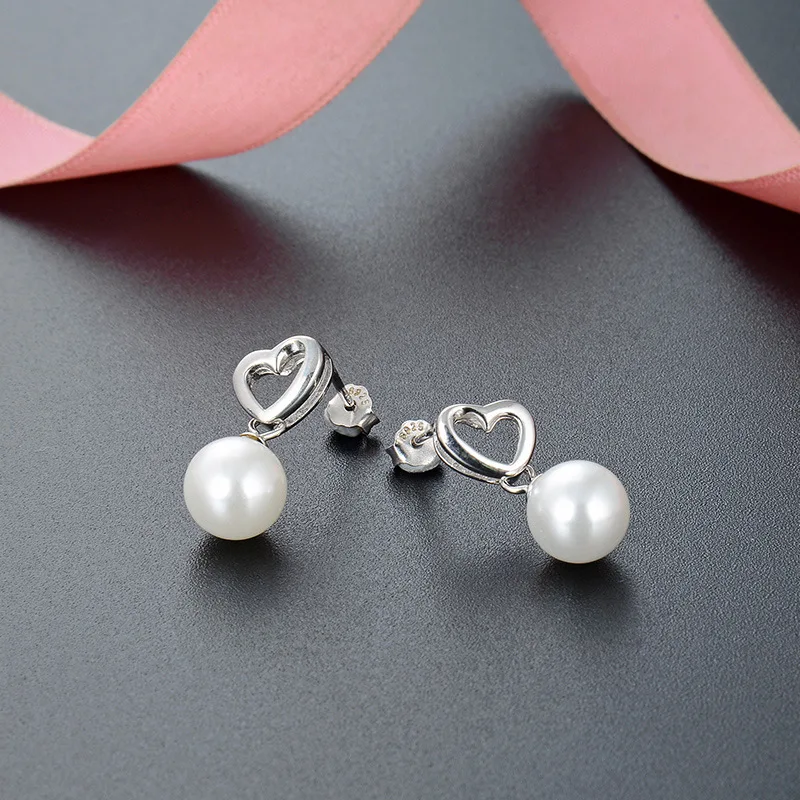 Authentic 925 Sterling Silver Pearl Earring Hollow Heart Stud Earring For Women Girl Wedding Party Jewelry Gift