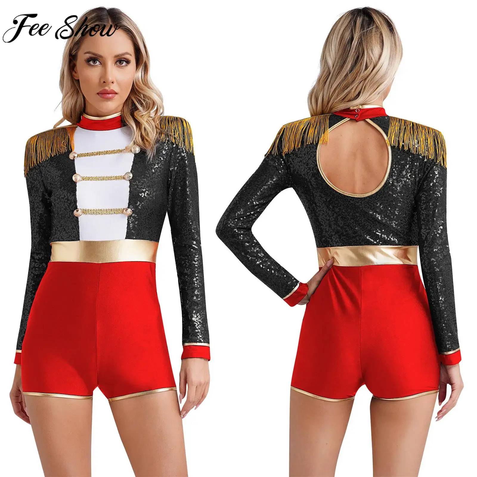 Women Circus Ringmaster Cosplay Costume Long Sleeve Fringe Bodysuit Dress Halloween Theme Party Carnival Performance Clothes