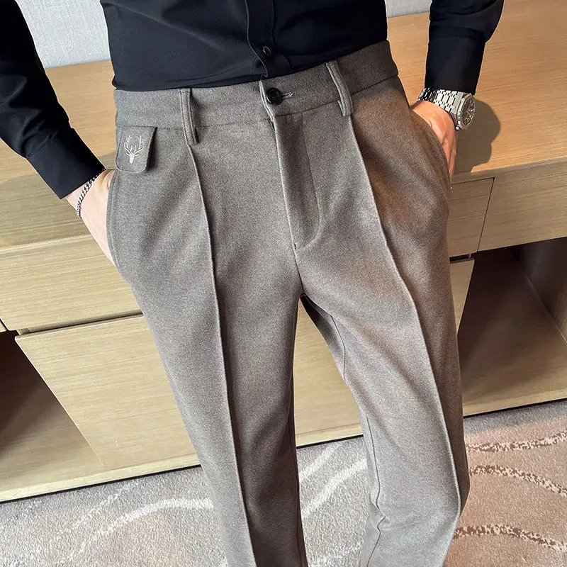 New Autumn Winter Thick Suit Pants Men British Style Woolen Men's Slim Fit Dress Pants Embroidered Business Casual Trousers