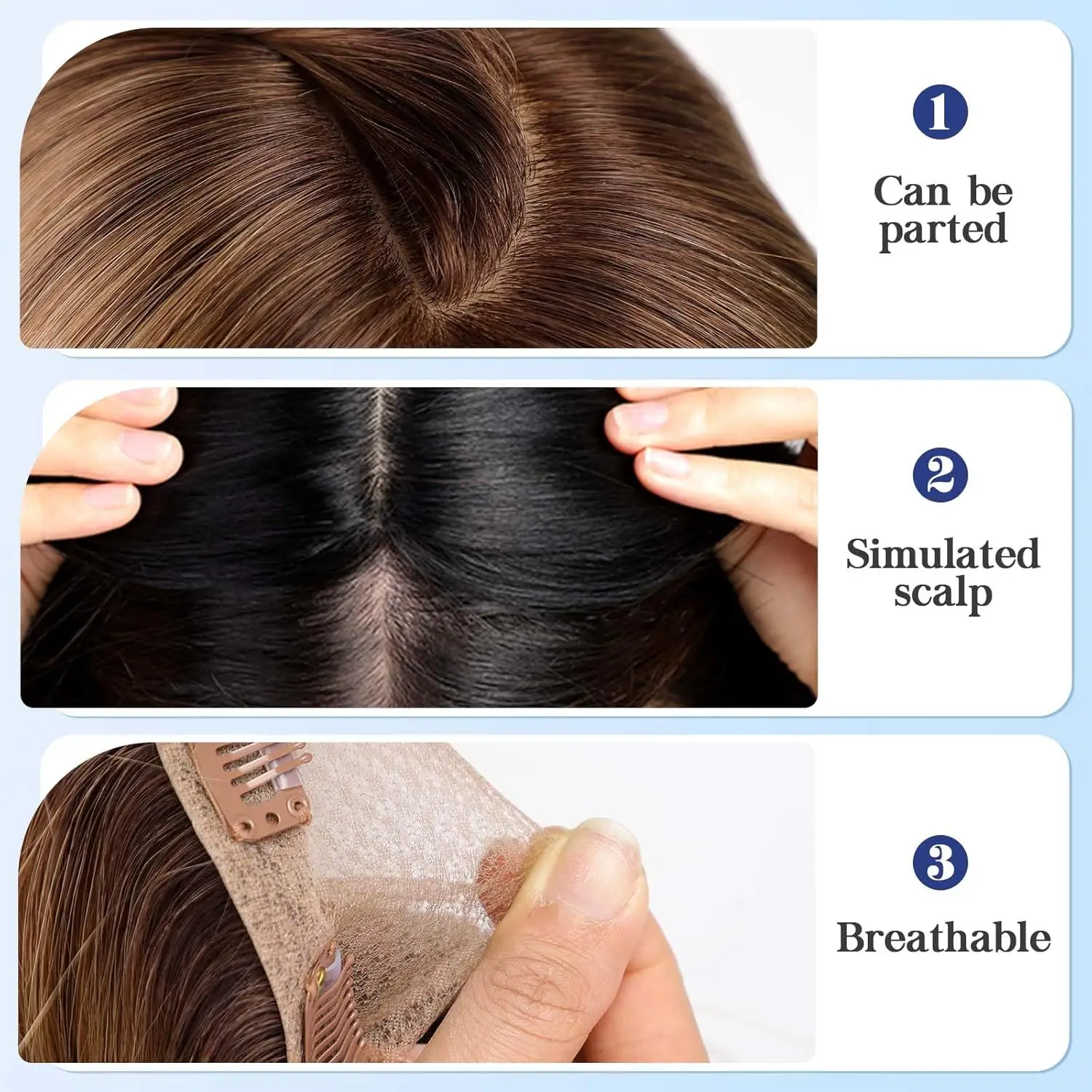 Ombre Medium Brown Human Hair Toppers 100% Remy Human Hair 14 inch No Bangs Clip in Hair Extensions for Women with Thinning Hair