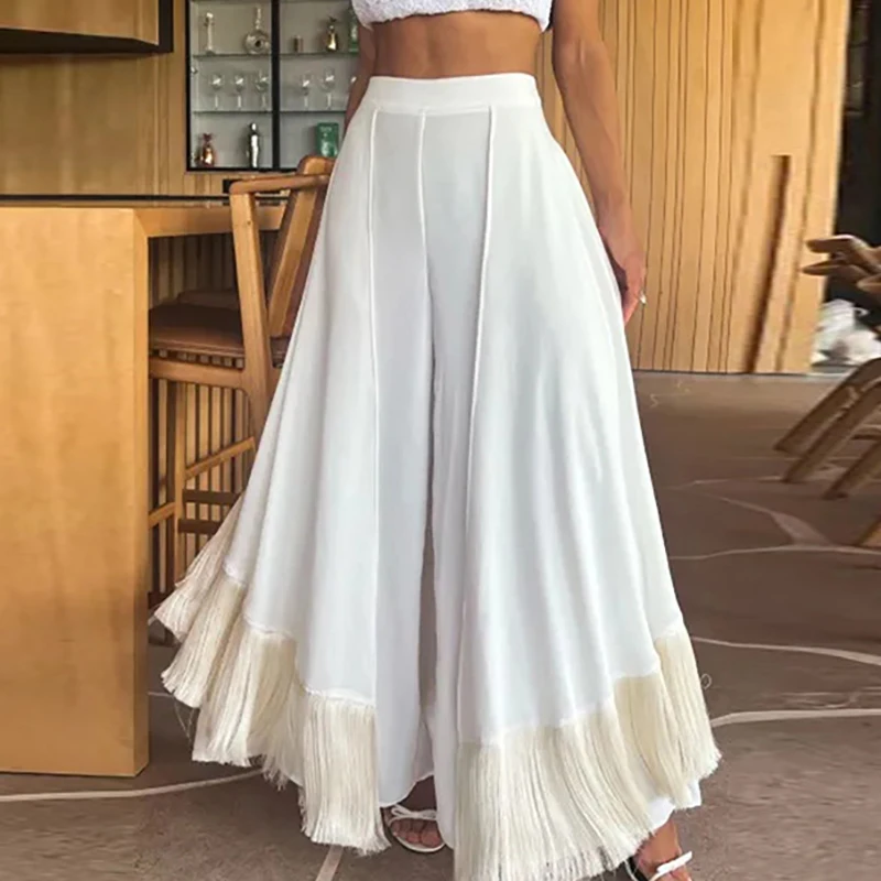 

Casual Tassels Patchwork Women's Long Pants Summer Thin Loose Holiday Pants Women's Simple Solid Color Pleated Beach Trousers
