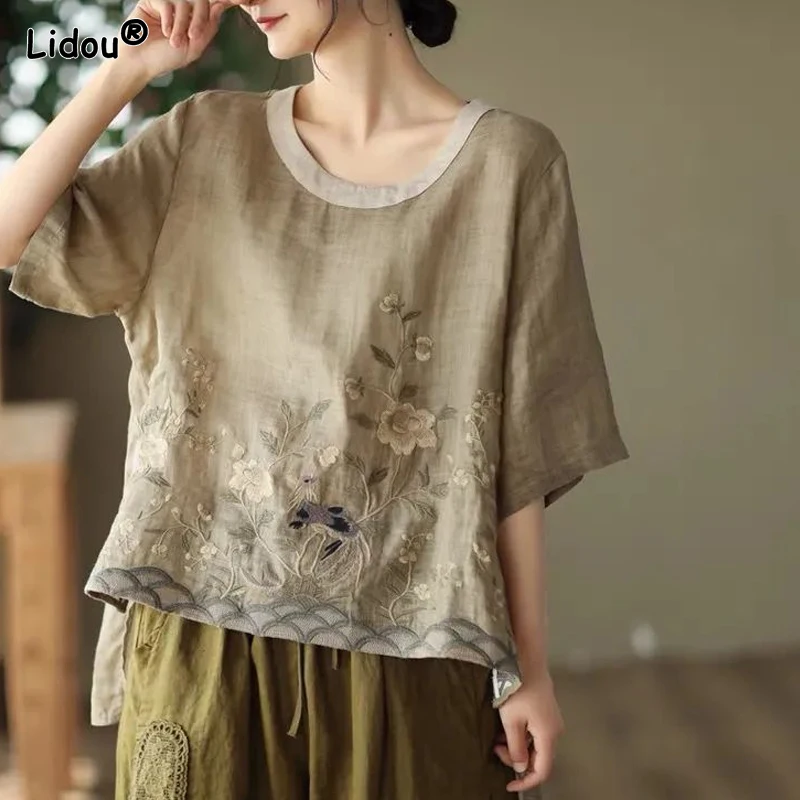 Chinese Style Round Neck T-Shirts Loose New Short Sleeve Printing Comfortable Round Neck Short Sleeve Summer Women\'s Clothing