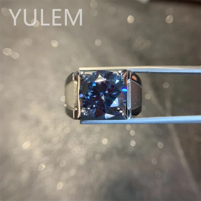 YULEM Big Size Blue Moissanite Men Ring 5ct 11x11mm Rings for Men 925 Silver Luxury Jewelry Best Gift for Men