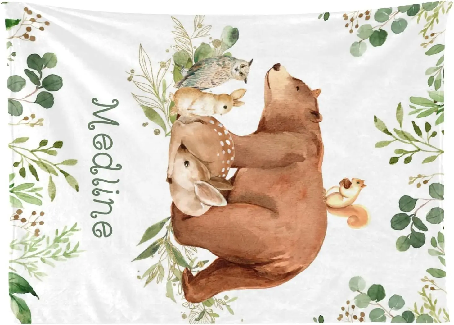 Woodland Forest Animals Leaves Personalized Kid Baby Blanket Customized 30 x 40 Inch Throw with Name Text for Girl Boy