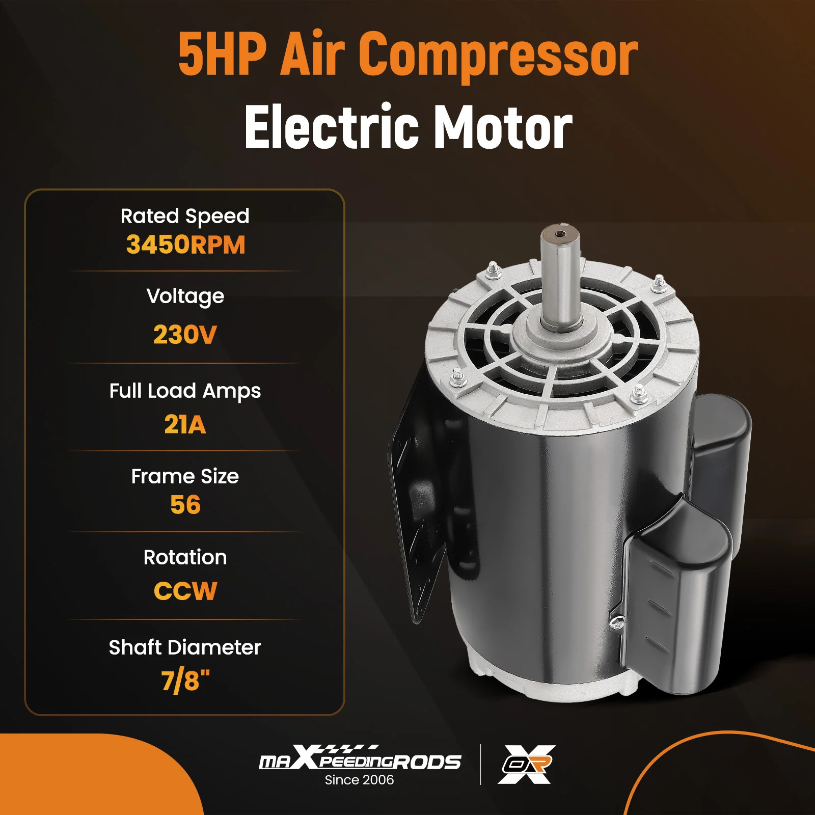 Air Compressor Electric Motor 5HP 230V 3450RPM 56HZ Ffor rame 7/8" Shaft ODP CCW