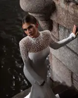 Stunning High Neck Full Sleeves Peal Beaded Mermaid Wedding Drsses Sweep Train Custom Made Vestido De Noival customized - Image 2