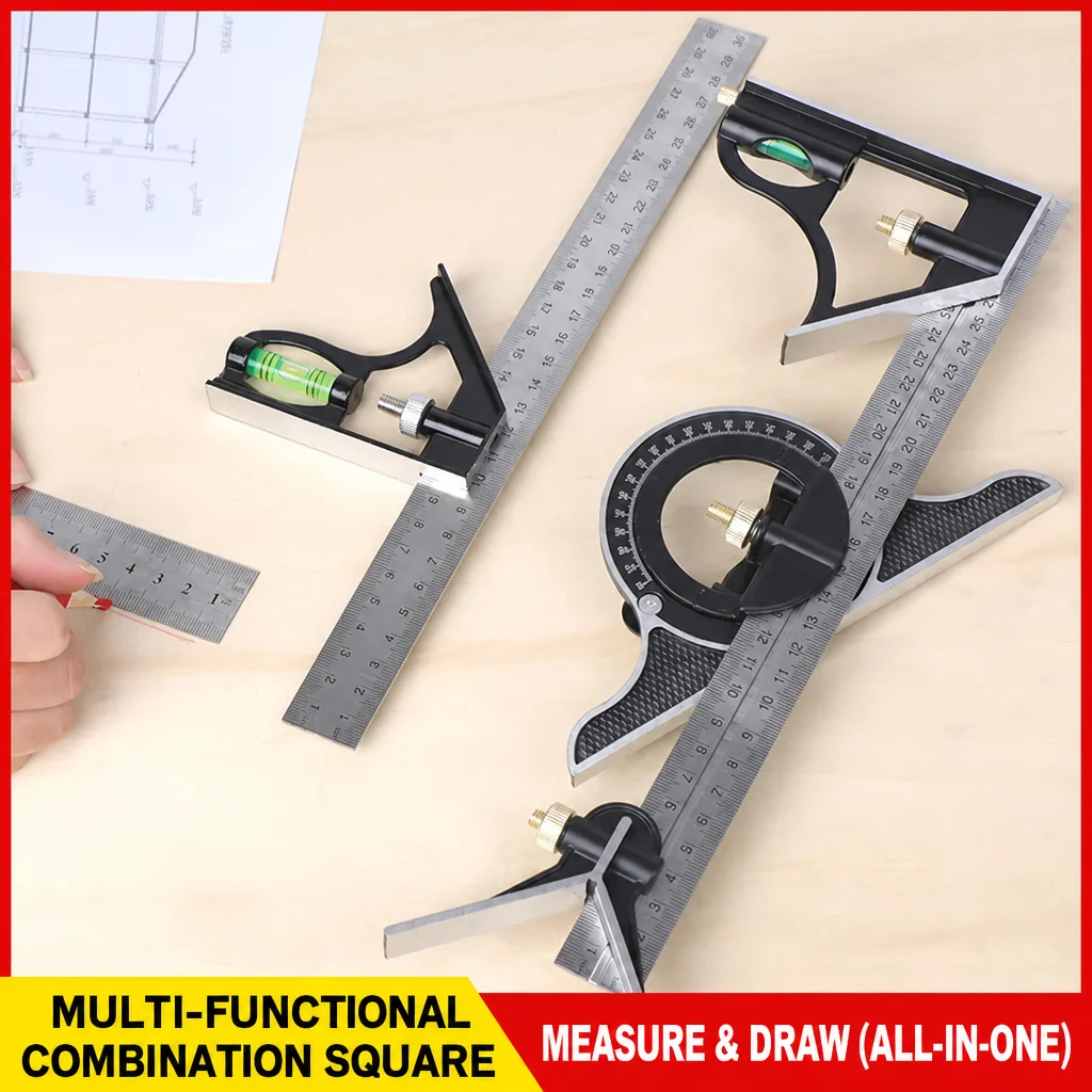 Adjustable Sliding Combination Square Ruler, Metal Ruler Framing Square T Ruler Carpentry Woodworking Measure Tools