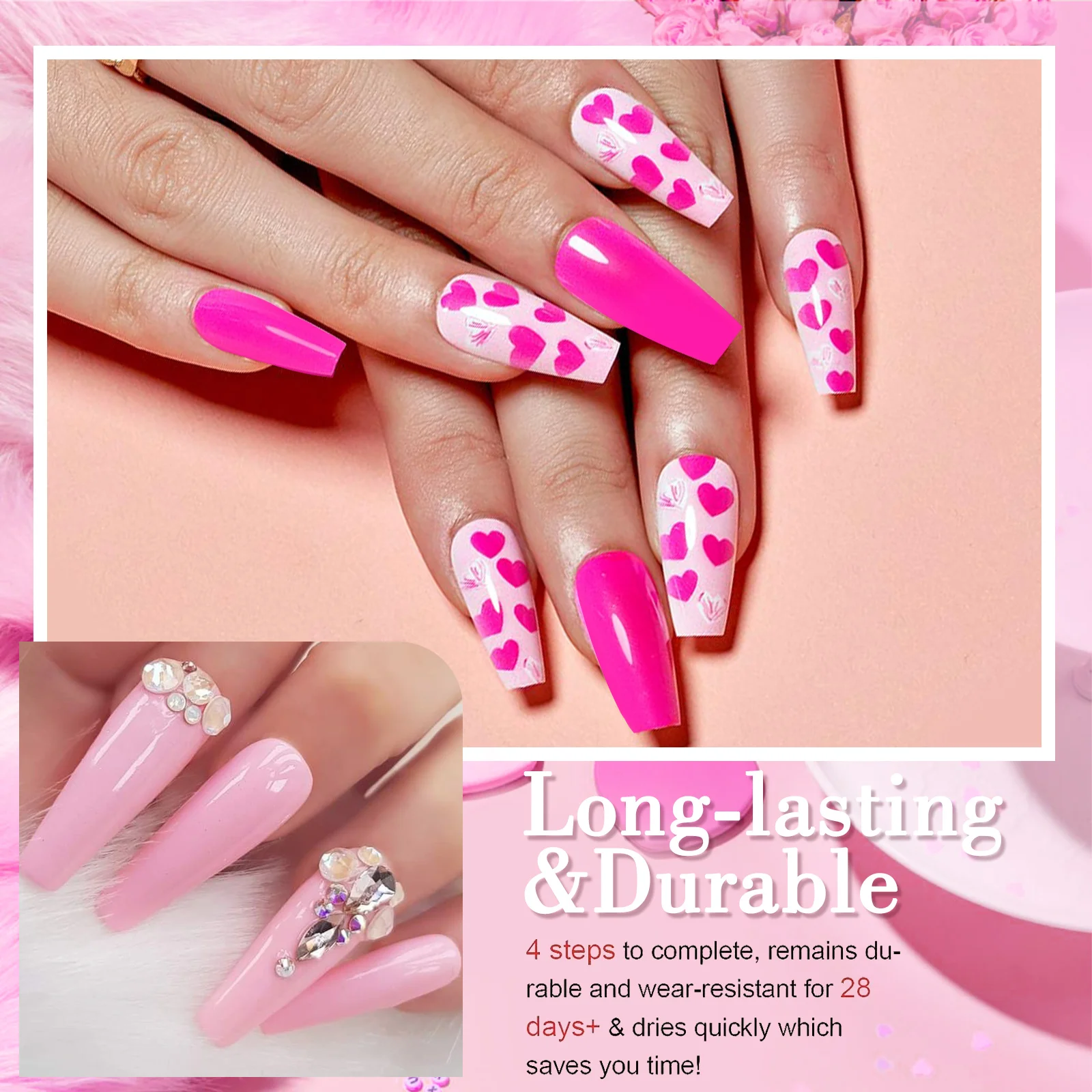 Dip Poeder Nagelkit Starter 4 Kleuren Felroze Glitter Fijn Dip Poeder Set met 3 STUKS Vloeistof voor Nail Art Manicure Salon DIY Cadeau