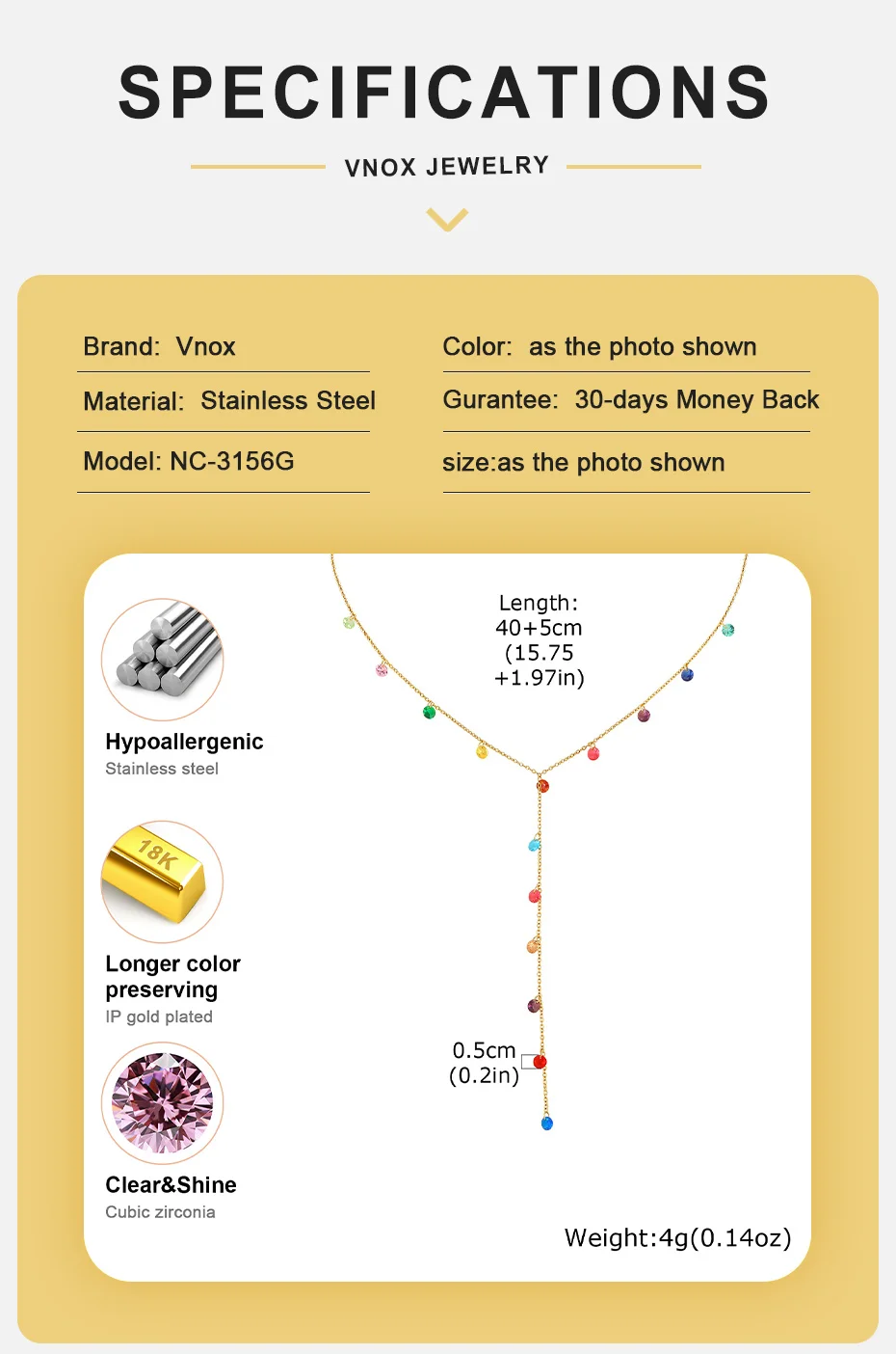 Vnox Süße Vergoldete Bunte Zirkonia-Halskette für Damen, Edelstahl Y-Form Lange Quaste Zierliche Lariat-Schmuckstücke für Partys – Detail 4