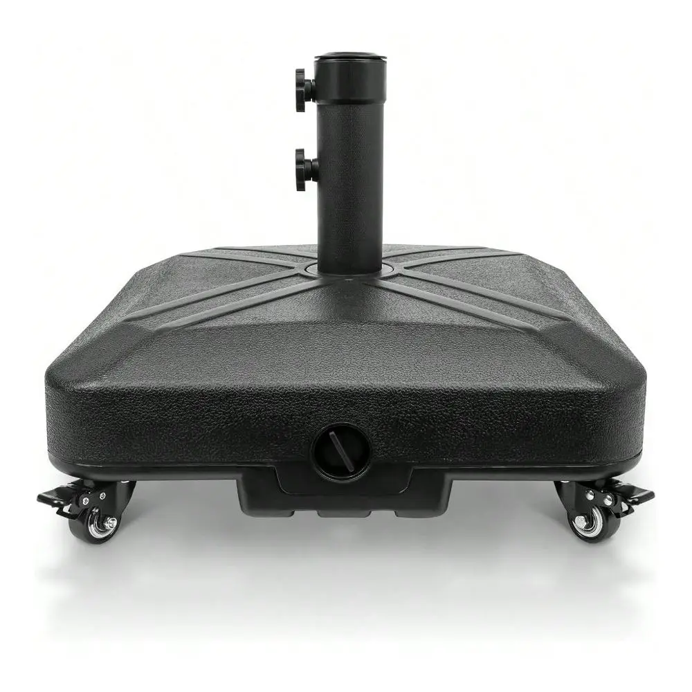 

MS Patio Umbrella Base Heavy Duty With Wheels Square Market Stand For Outdoor 4 Locks 1 Knobs 125lb Capacity Black