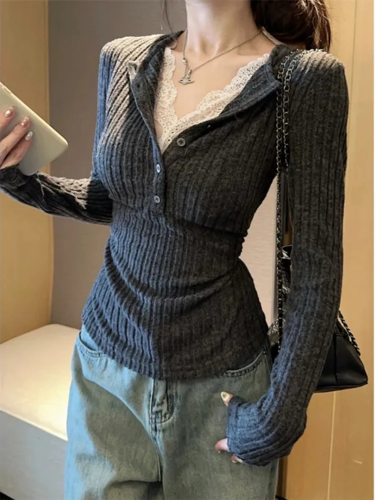 Hot girl pure desire fake two-piece niche lace splicing sweater female winter design unique slim bottoming top