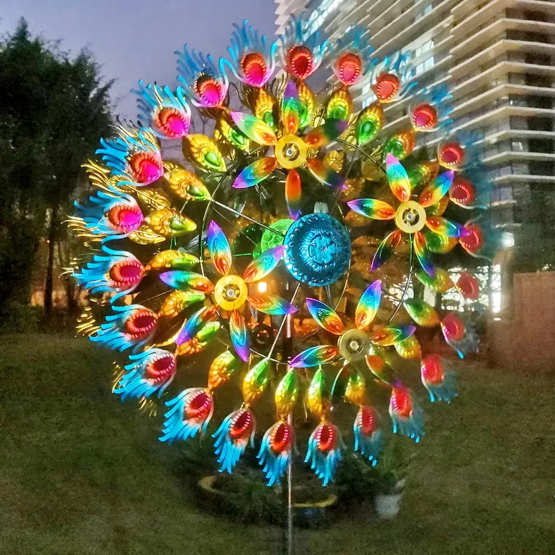 Double-Sided Wind Spinners Solar Powered Peacock Metal Windmill Elegant Iron Garden Stake for Yard Outdoor Solar Light for Lawn