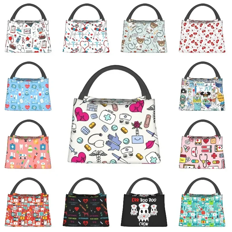 Nurse Nursing Tool Pattern Insulated Lunch Bag for Work Office Resuable Thermal Cooler Bento Box Women