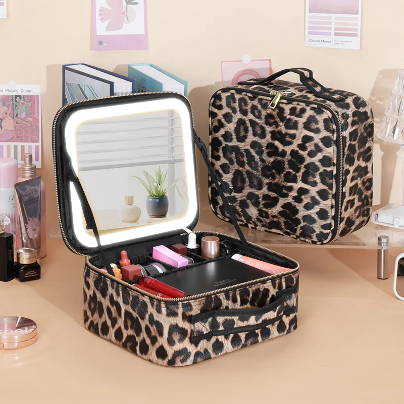 Makeup Bag with Mirror and Lights 3 Colors Dimmable LED Make up Case, Cosmetic Organizer Accessories Makeup Train Case LEOPARD
