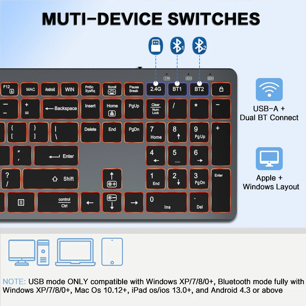 Jomaa Scissor keys Wireless Keyboard BacKlight LED Bluetooth & USB Keyboard for Windows Mac IOS Rechargeable Keyboard