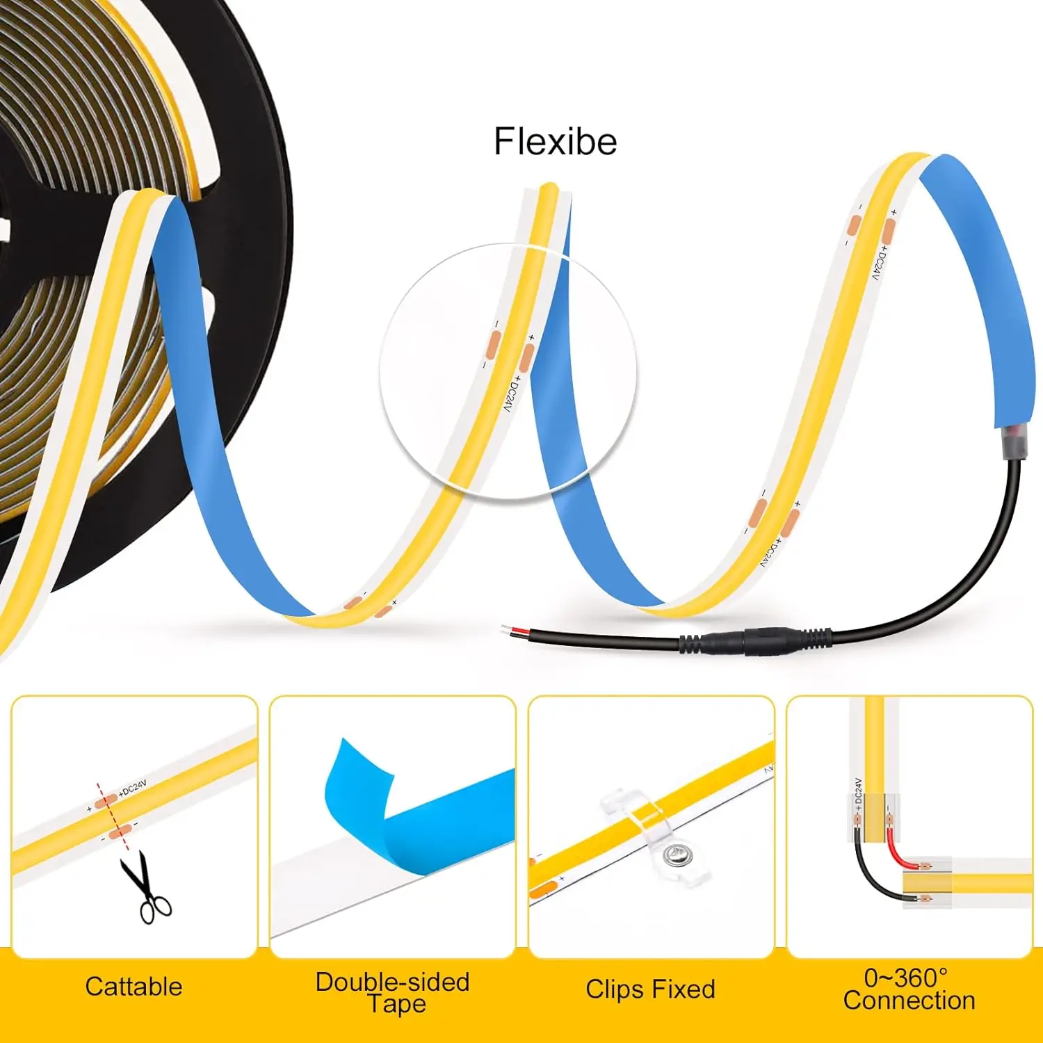 Cob Led Strip Lights 12V/24V 2400Leds Hoge Dichtheid Led Tape Dc Plug Dimbare Zelfklevende Verlichting Lint Keuken Kamer Decor