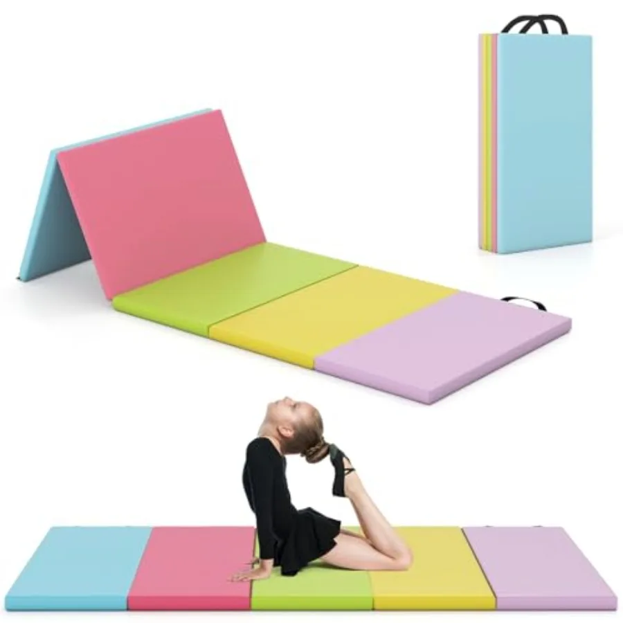 Gymnastics Mat for home gym aerobics yoga: PU leather rainbow color folding 3-panel/5-panel design with carrying handles and ho