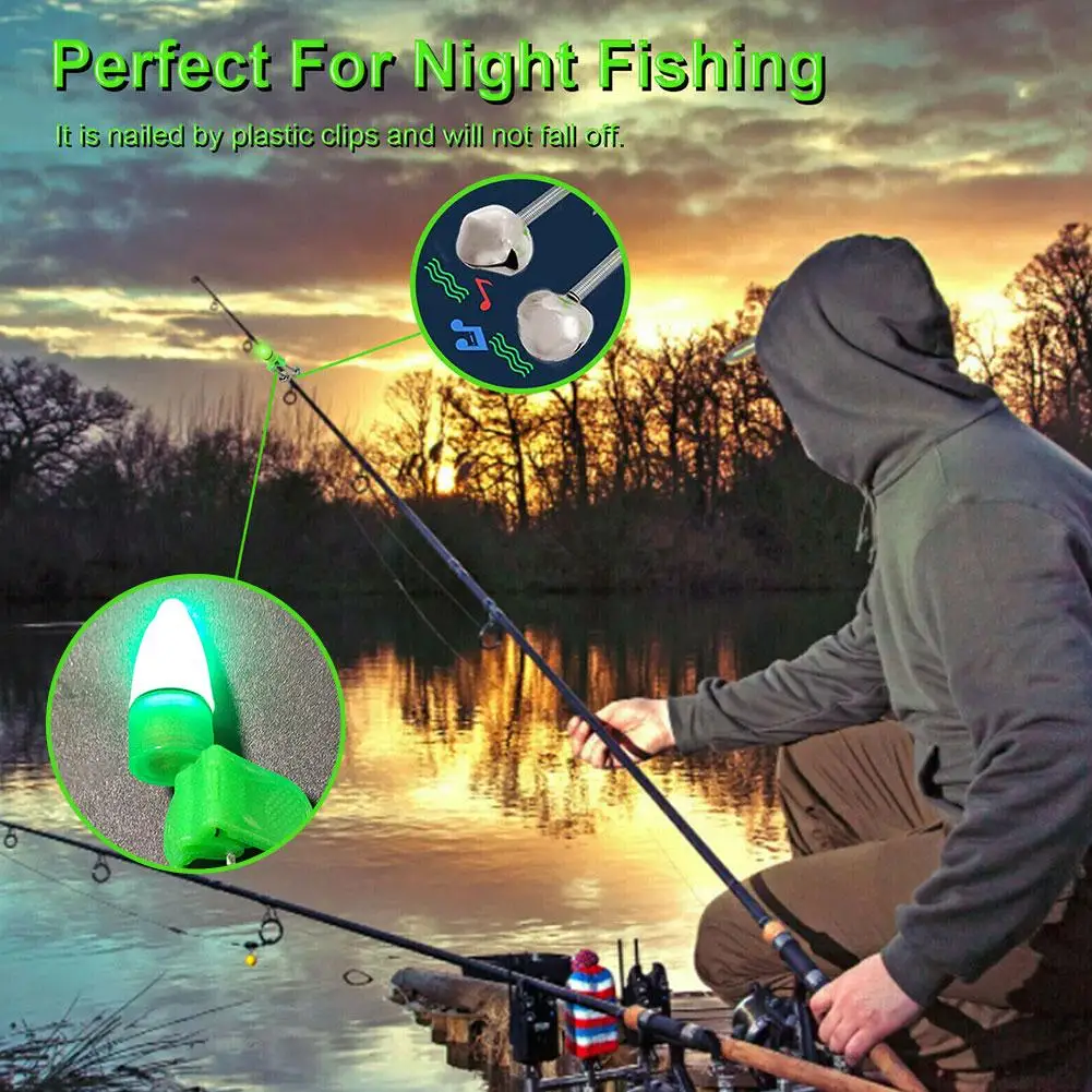 

10Pcs LED Night Fishing Bite Bait Alarm 2 Bells Light Rod Tip Clip Alert For Sea Fishing N8I6