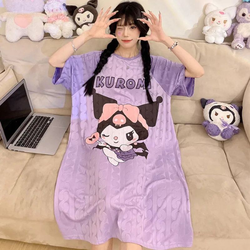 2024 Anime Cartoon Summer Women's Pajamas Dress Nightdress Sleepwear Sanrioed Kuromi Cinnamoroll Cotton Plus Size Woman Pajama