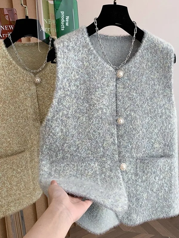 

Корейский меховой жилет с верхним слоем, мягкий уютный вязаный свитер большого размера с перекрытием, длинный свеч круглый Ne Thiened, осень-зима...