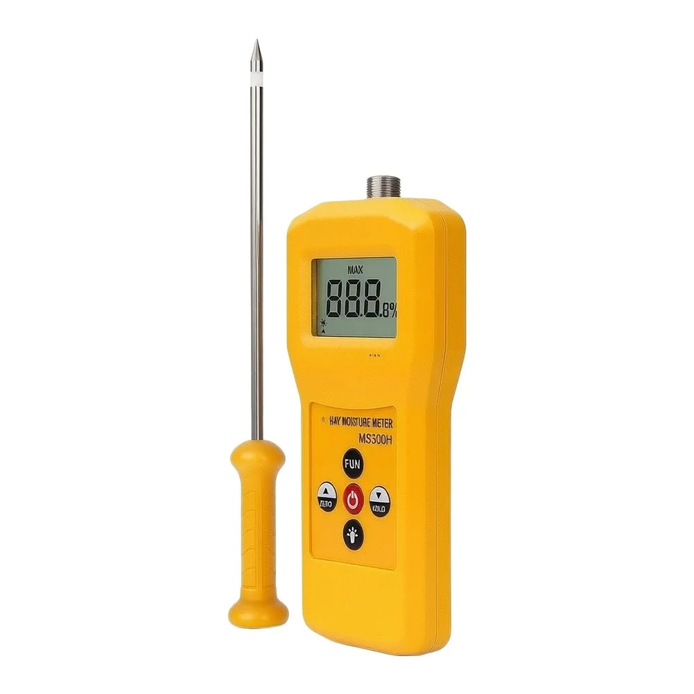 MS300H Moisture Meter for Hay Bales For Stacks Loose Material Field Warehouse Use Pin Probe 0.1 Resolution Yellow
