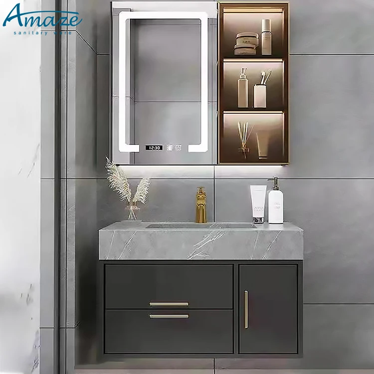 Mueble de baño con espejo inteligente, mueble con diseño de madera contrachapada, estilo moderno, para Hotel y hogar