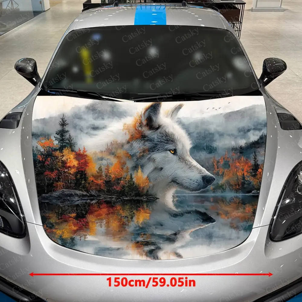 Mountain Stream Wolf Shadow Car Hood Graphic Stickers, Car Aesthetics, Eye-catching Pattern Decorations, PVC Waterproof Self-adh