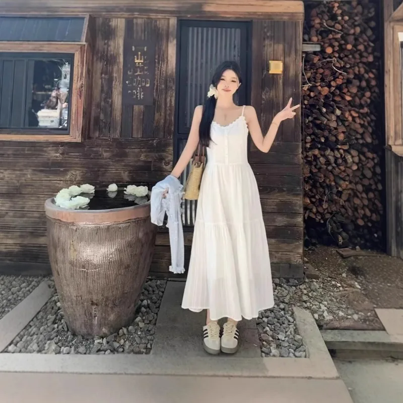 

White V Neck Long Dress Summer Sleeveless Straps Bohemian Dresses French Casual Loose Elegant Maxi Vestido Feminino Y2k 원피스
