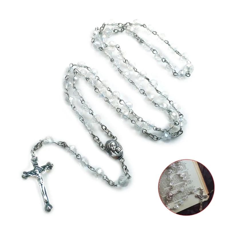 White Crystal Rosary Necklaces Crucifix Religious Jewelry for Women Gift