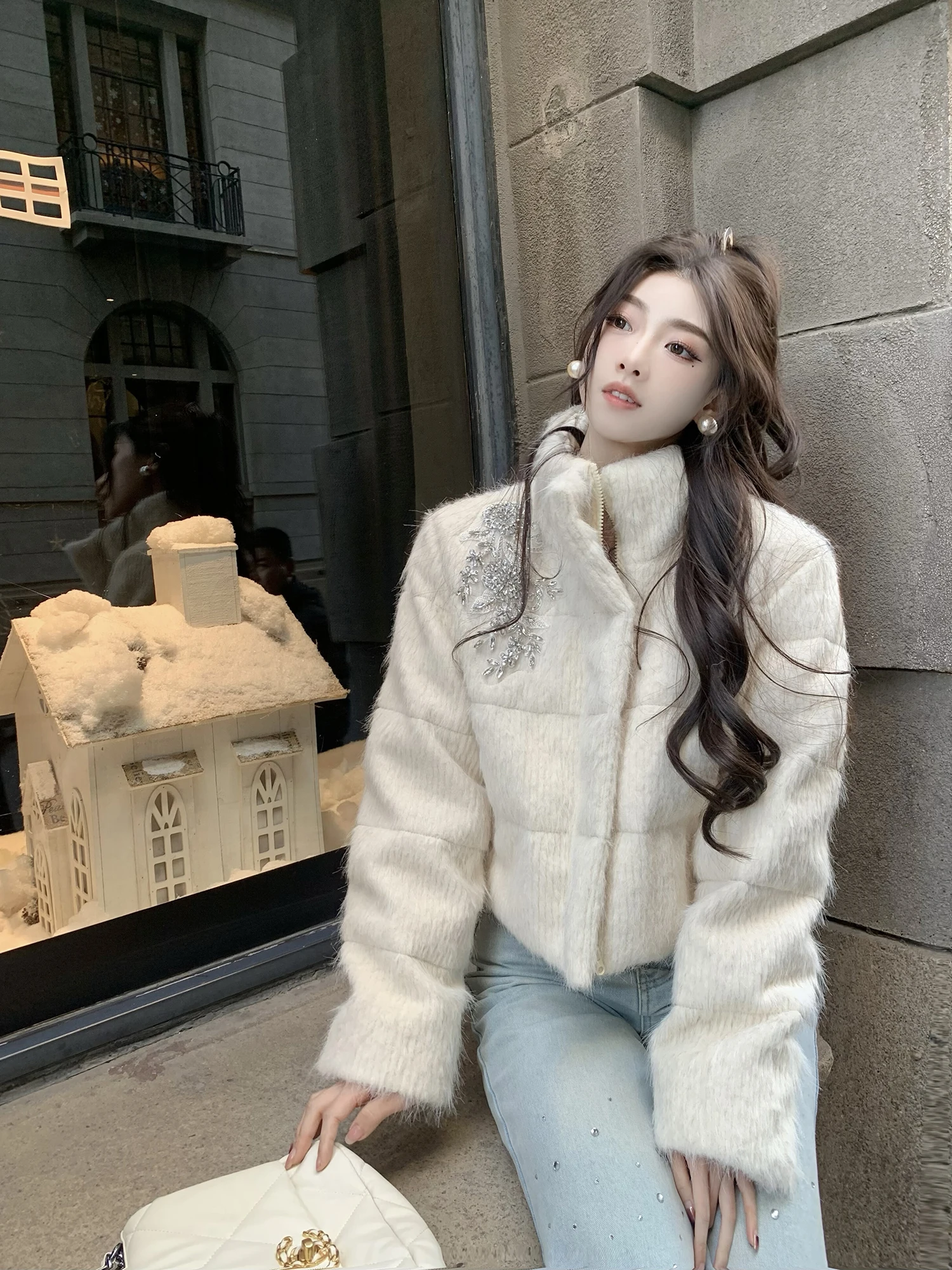 

Winter ort Puffer Jaet Handmade Diamond Precision Splicing Stand Collar down Jaet Women's Faion Outerwear Coat