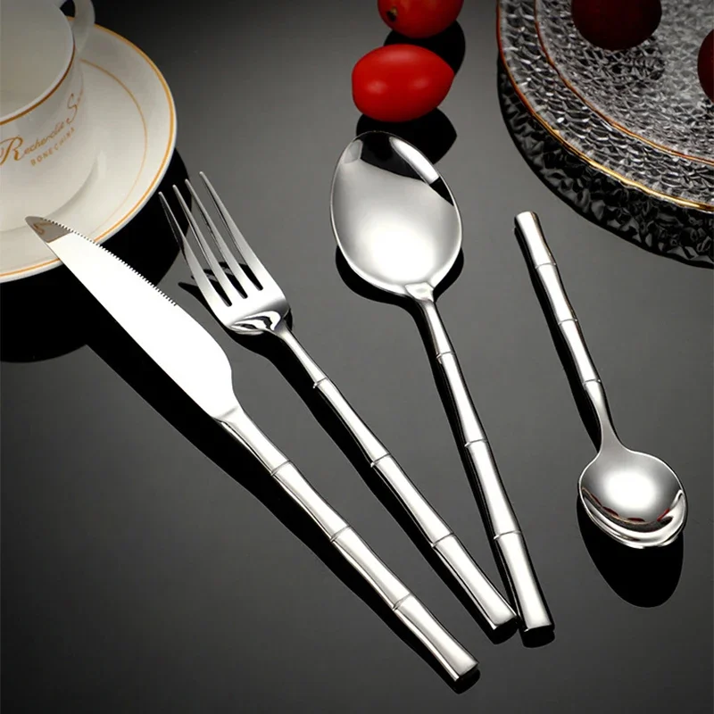 24pcs Cutlery Set Gold Dinnerware 304 Stainless Steel Bamboo Handle Forks Knives Tea Spoon Kitchen Western Dinner Tableware