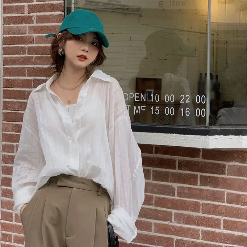 White Sunscreen Shirt Cool Texture Long Sleeve Cardigan Top Summer New Versatile Loose Casual Blouse Shirt Lazy Style Solid Colo