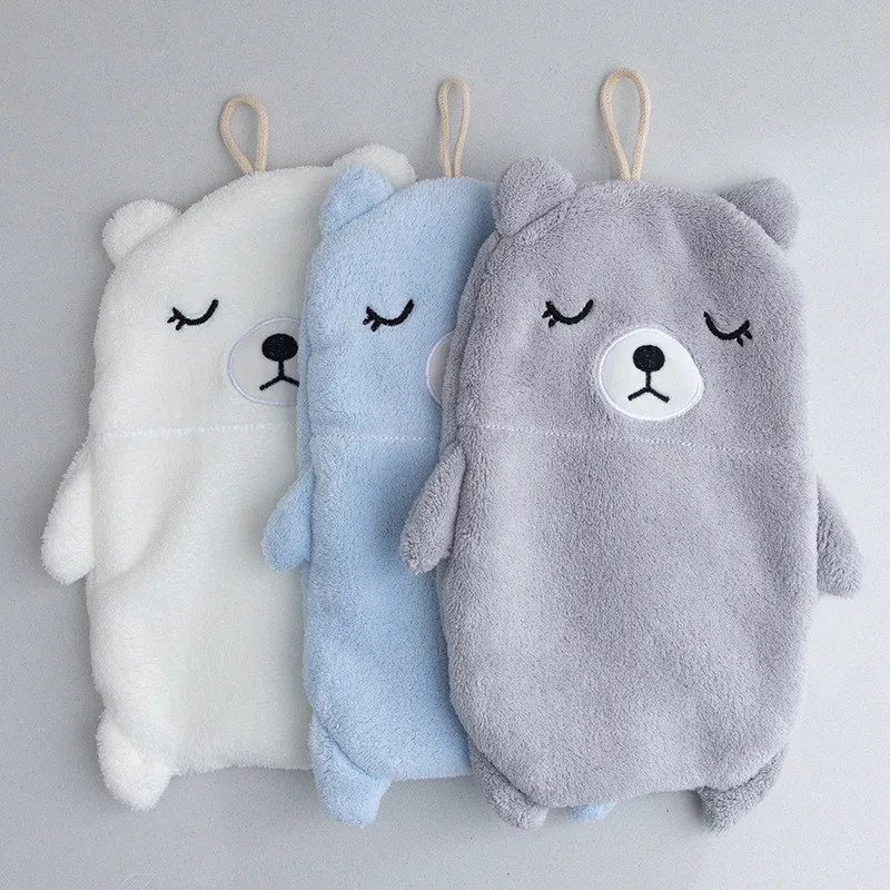 

1Pc Coral Fleece Cartoon Bear Hanging Hand Towel Soft Absorbent Home Kitchen Bathroom Hanging Wash Cloth