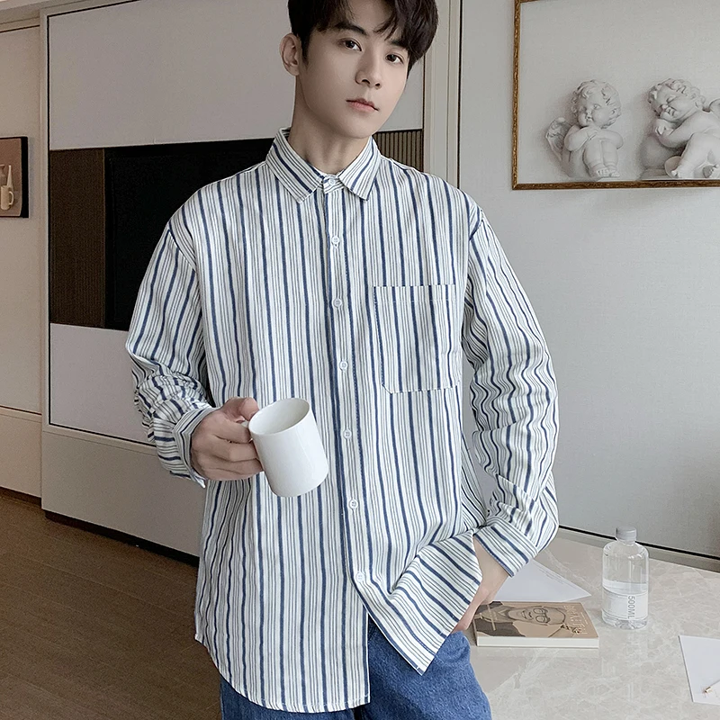 

Men Korean Fashion Long Sleeve Shirts 2023 Spring Autumn Striped Vintage Shirt Male Contrast Color Cotton Button Up Blouse C89