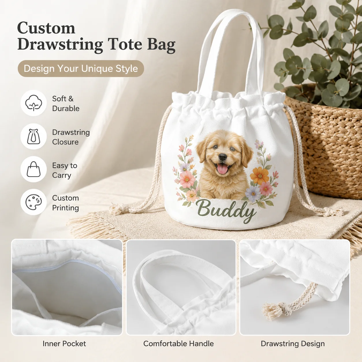 Custom Aesthetic Drawstring Tote Bag Personalized Picture Handbag Trendy Bucket Bag for Women Girls Fashion Gift