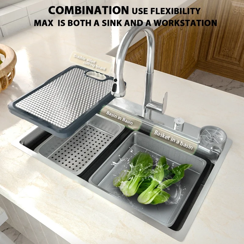 Stainless steel kitchen household sink and vegetable washing blot multi-function large single tank lower installation basin