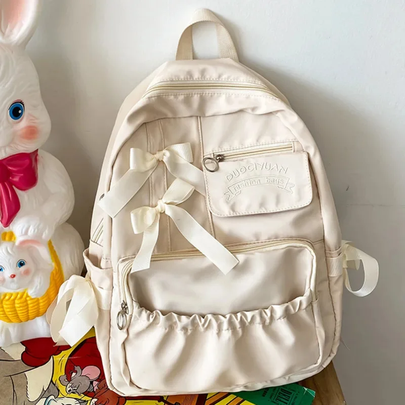 Y2K Bow Oxford Backpacks Korean Waterproof Lightweight Cute Blocking Bag Simple Casual Pleated Student High Capacity Backpacks