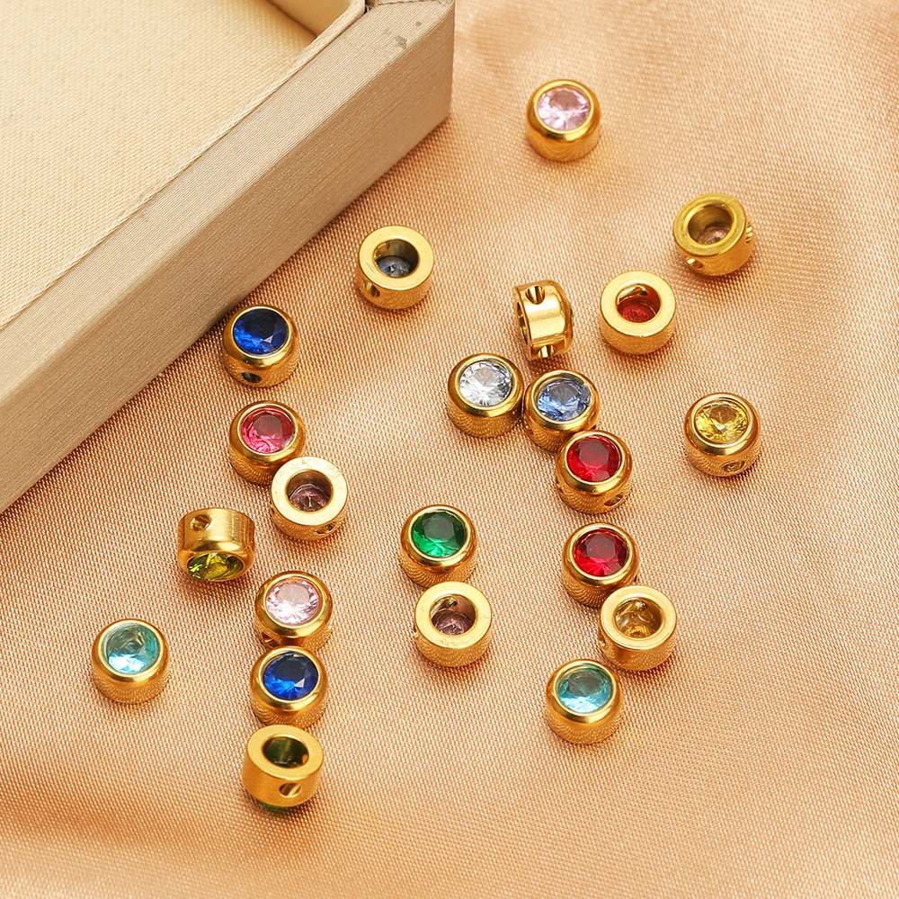 10pcs Stainless Steel 12 Months Birthstone 6mm Round Zircon Spacer Beads Jewelry Findings DIY Necklace Bracelets Earrings Making