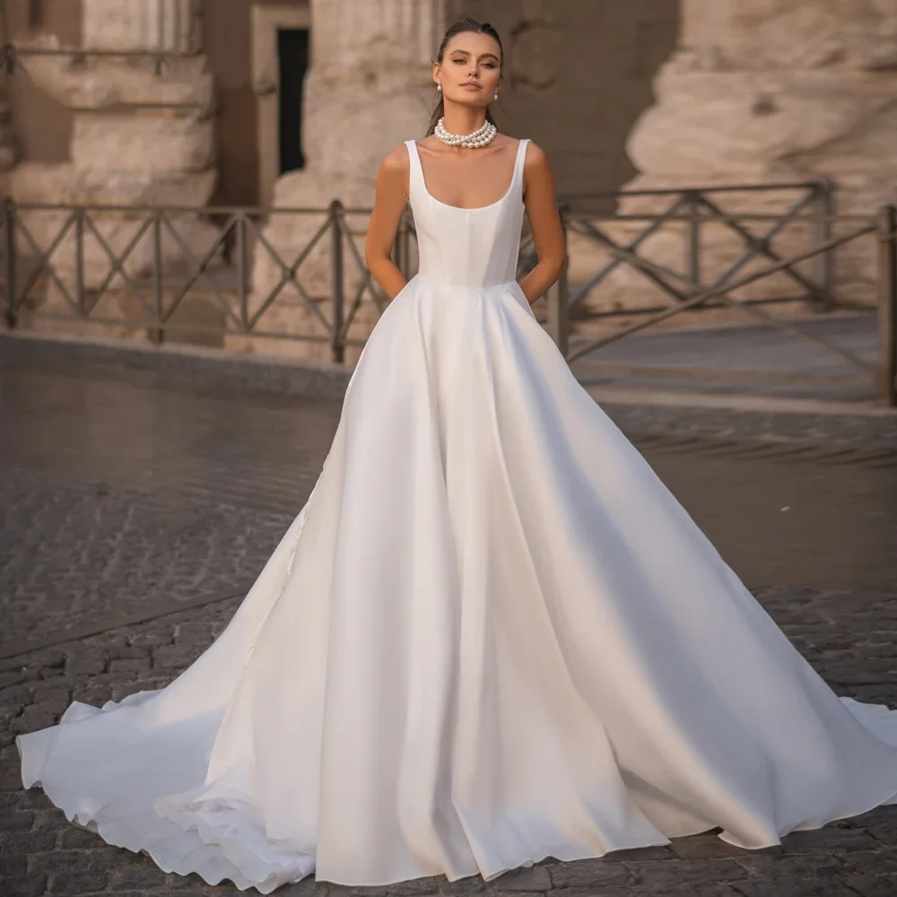 

Flavinke Customized Sexy Scalloped Matte Satin A Line Wedding Dresses Exquisite Spaghetti Straps Court Train Vintage Bridal Gown