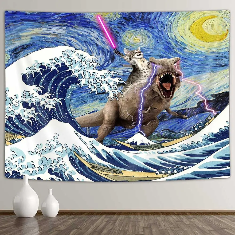 Funny Cat Dinosaur Tapestry, Cool Cats Ride Dinosaurs on Blue Teal Ocean Underwater Animal Fish Seashell Jellyfish