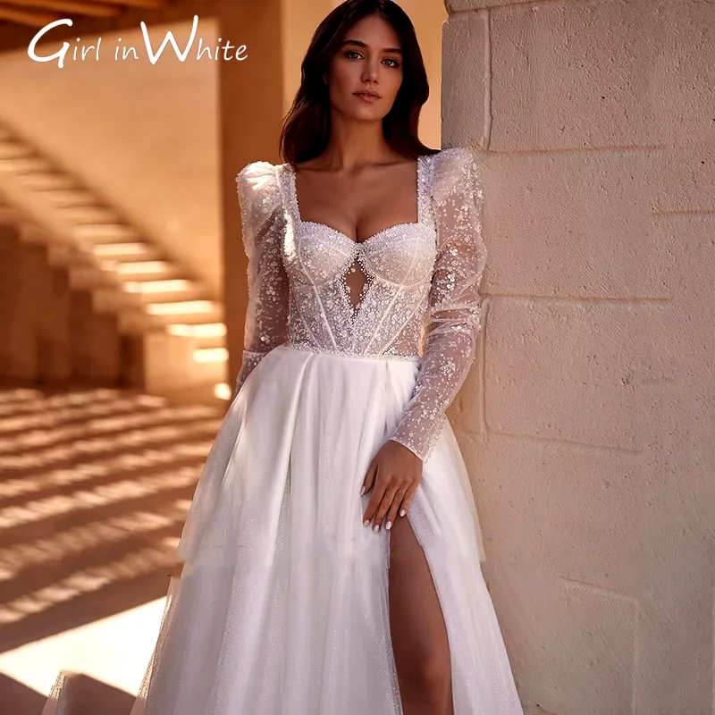 Boho A-Line Wedding Dresses Long Sleeve Sweetheart Long Sleeves Bridal Dress Elegant Princess Evening Wedding Gowns customized