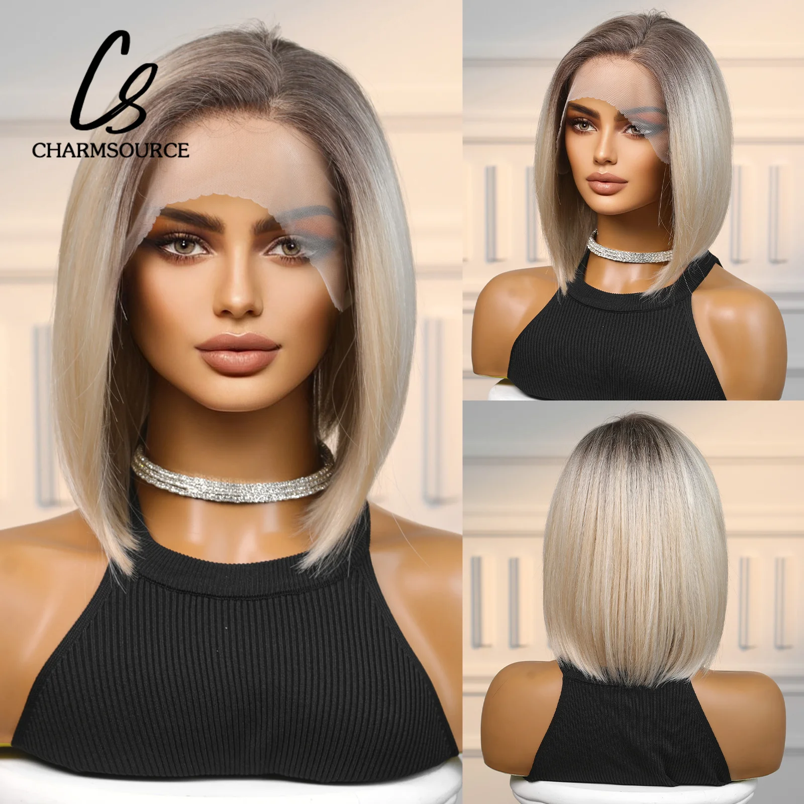 

CharmSource Lace Front Wig Brown Blonde Wigs Straight Medium Long Side Part Wig for Women Heat-Resist Party Daily High Quality