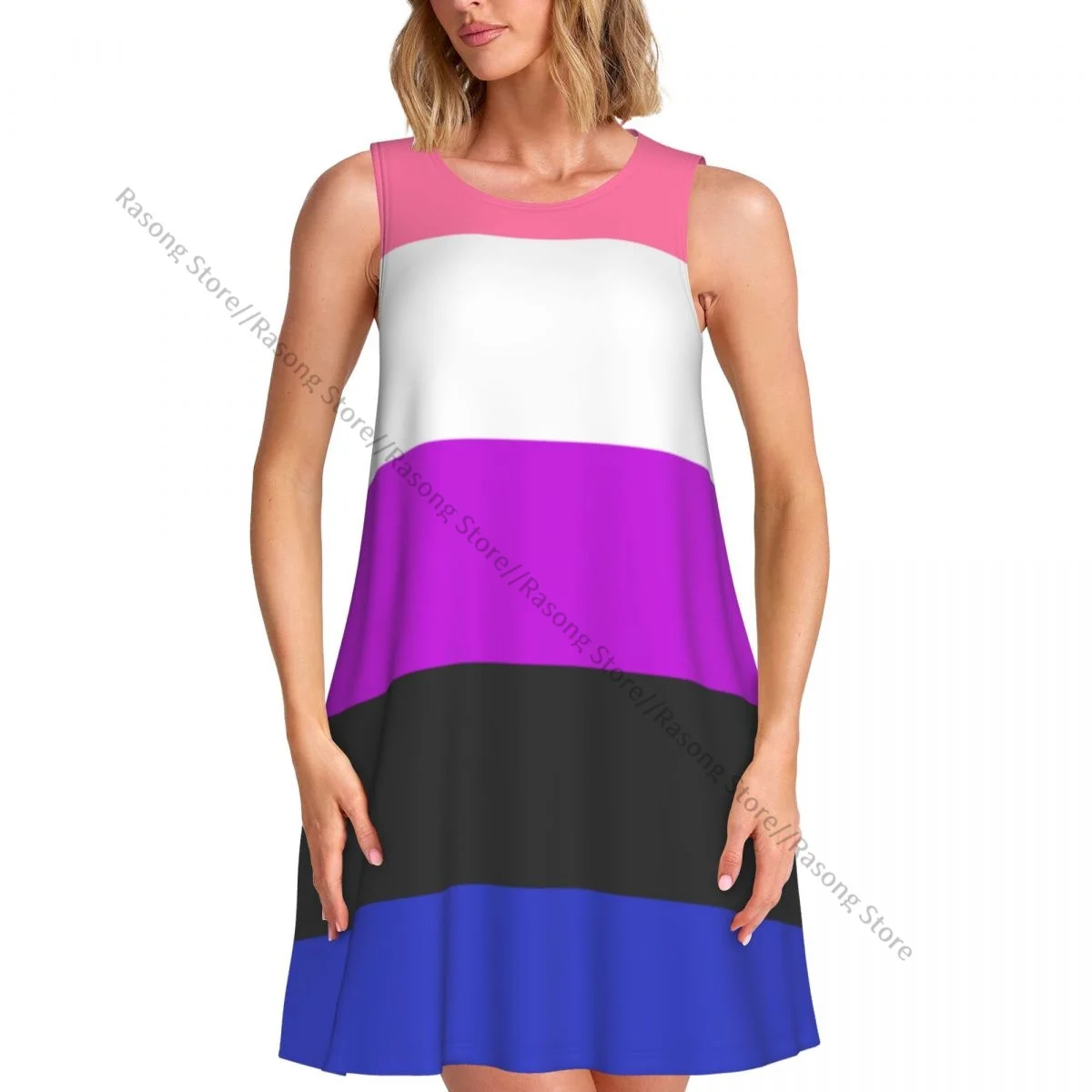 فستان نسائي Genderfluid Pride Flag صيفي كاجوال تي شيرت للشاطئ يغطي فستان بدون أكمام