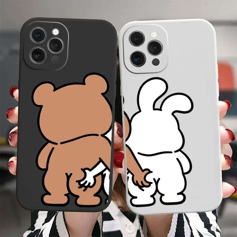 Cute Rabbit Bear Couple Paired Phone Case For iPhone 16 14 13 12 11 15 Pro Max Plus Mini SE3 XR Soft Lovers Cover Fundas Coques